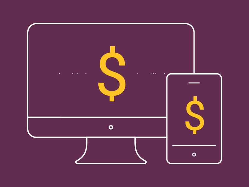 Desktop and mobile screens with dollar sign graphic